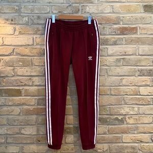 Burgundy Adidas Three Stripe Joggers